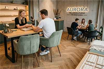 Modernes Trauringstudio mit mehreren Beratungsplätzen, die alle besetzt sind