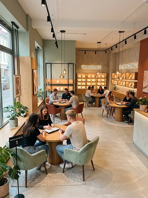 Modernes Trauringstudio mit Beratungsplätzen, die alle mit Kunden und Beratern besetzt sind Modernes Trauringstudio mit Beratungsplätzen, die alle mit Kunden und Beratern besetzt sind