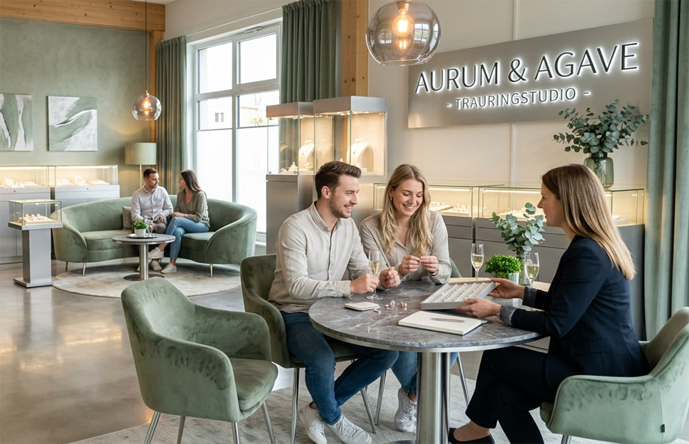Modernes Trauringstudio mit mehreren Beratungsplätzen, die alle besetzt sind
