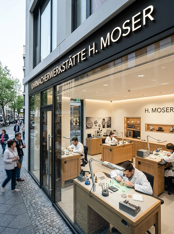 Eine moderne Uhrmacherwerkstätte in Stadtlage mit Schaufenster Eine moderne Uhrmacherwerkstätte in Stadtlage mit Schaufenster