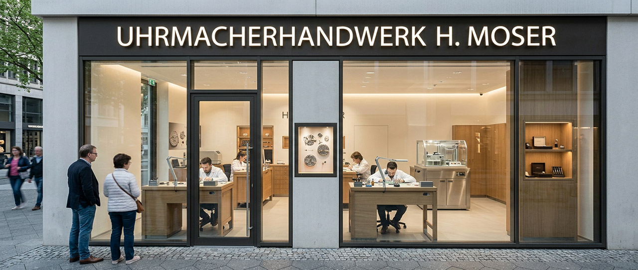 Eine moderne Uhrmacherwerkstätte in einer Fußgängerzone die für den Kunden Einblicke gewährt