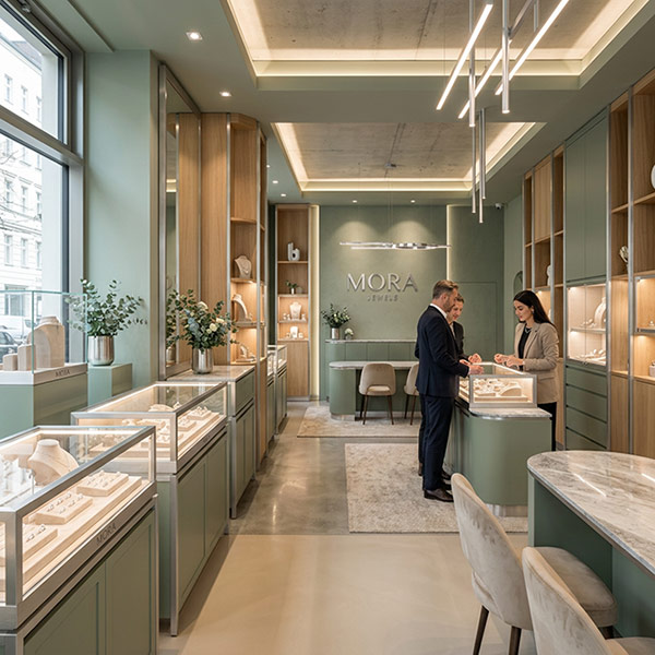 juwelier3_600 Modernes Trauringstudio mit 3 Beratungsplätzen, die alle mit Kunden und Beratern besetzt sind
