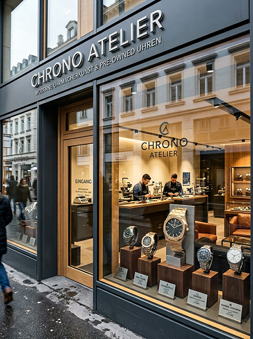 Schaufenster von Uhrmacher mit Pre-Owned Uhren Schaufenster von Uhrmacher mit Pre-Owned Uhren