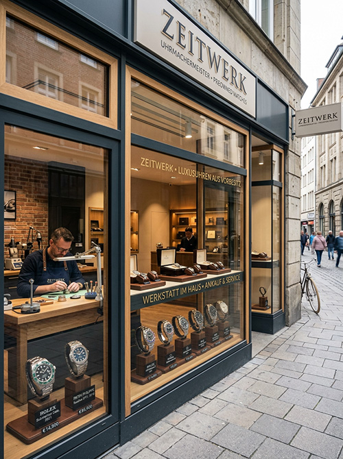 Schaufenster von Uhrmacher mit Pre-Owned Uhren Schaufenster von Uhrmacher mit Pre-Owned Uhren